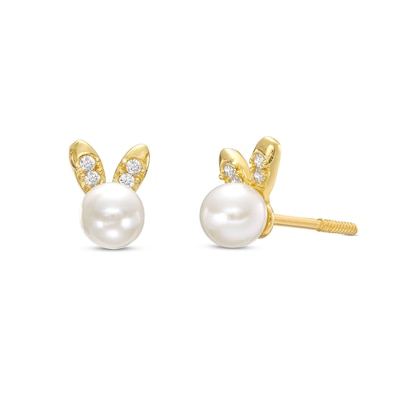 Child's 4.0mm Freshwater Cultured Pearl and Cubic Zirconia Bunny Ear Stud Earrings in 14K Gold