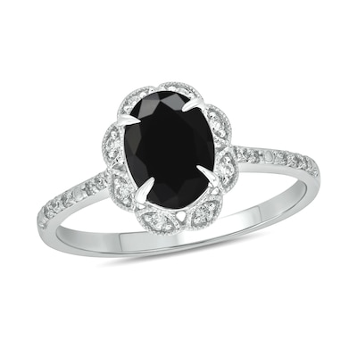 Oval Black Sapphire and 0.145 CT. T.W. Diamond Scallop Frame Ring in 10K Gold