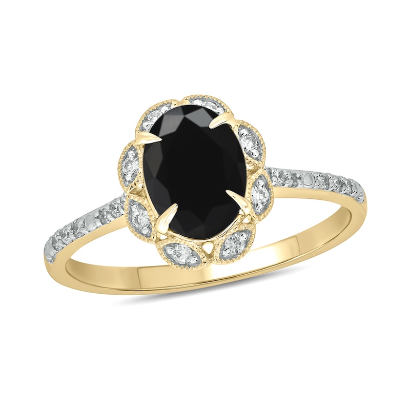 Main Image 1 of Oval Black Sapphire and 0.145 CT. T.W. Diamond Scallop Frame Ring in 10K Gold