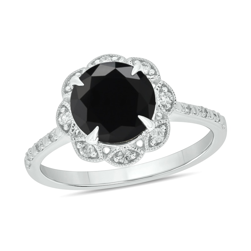 Black Sapphire and 0.145 CT. T.W. Diamond Scallop Frame Ring in 10K Gold|Peoples Jewellers