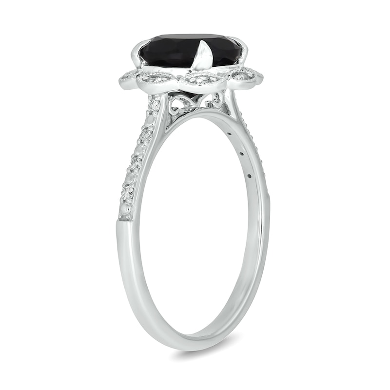 Black Sapphire and 0.145 CT. T.W. Diamond Scallop Frame Ring in 10K White Gold