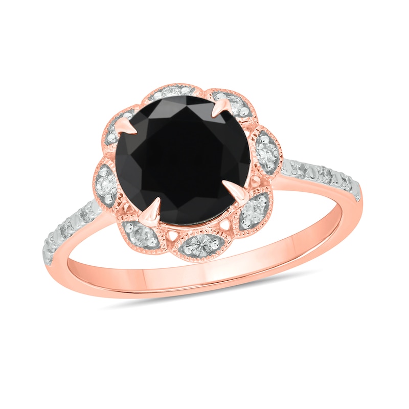 Black Sapphire and 0.145 CT. T.W. Diamond Scallop Frame Ring in 10K Rose Gold|Peoples Jewellers