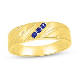 Men's Blue Lab-Created Sapphire Three Stone Textured Swirl Ring in 10K Gold