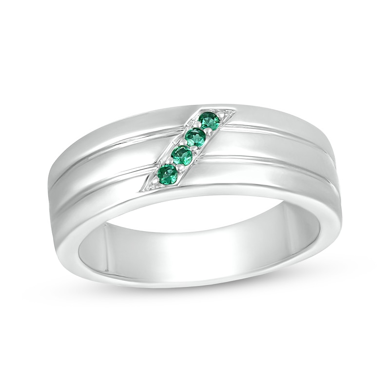 Men's Lab-Created Emerald Slant Multi-Row Ring in 10K White Gold