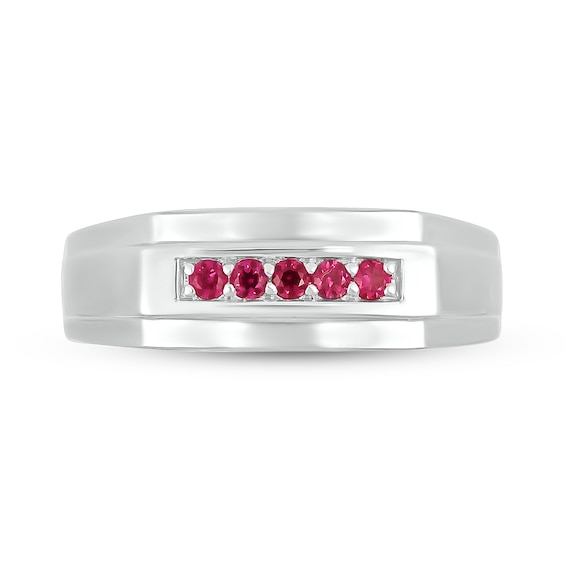 Men's Lab-Created Ruby Raised Five Stone Ring in 10K White Gold