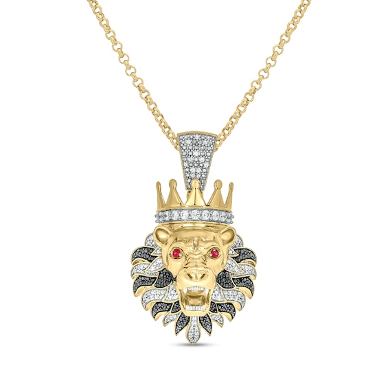 Men's 0.96 CT. T.W. Diamond and Lab-Created Ruby Lion's Head with Crown Pendant in Sterling Silver with 14K Gold Plate