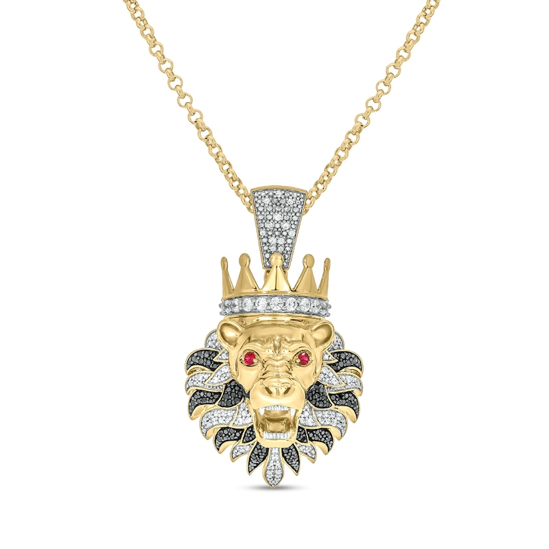 Men's 0.96 CT. T.W. Diamond and Lab-Created Ruby Lion's Head with Crown Pendant in Sterling Silver with 14K Gold Plate