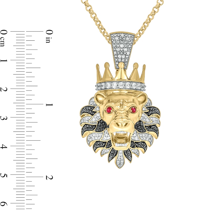 Men's 0.96 CT. T.W. Diamond and Lab-Created Ruby Lion's Head with Crown Pendant in Sterling Silver with 14K Gold Plate