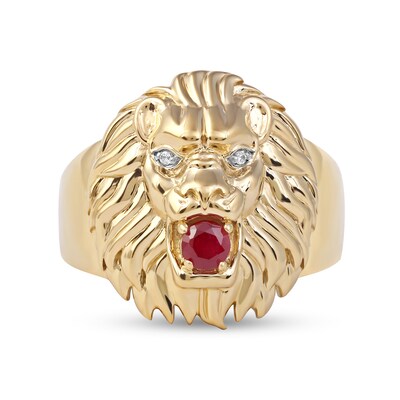 Men's Ruby and Diamond Accent Lion's Head Ring in 10K Gold