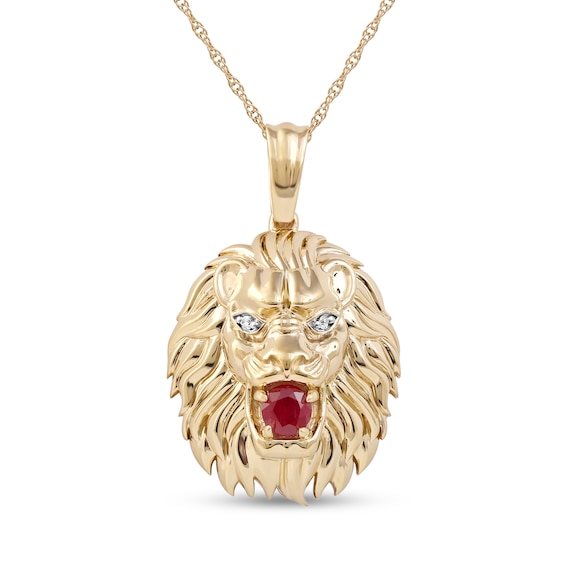 Men's Lab-Created Ruby and Diamond Accent Lion's Head Pendant in 10K Gold - 22"