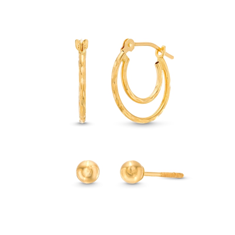 4.0mm Polished Ball Stud Earrings and Diamond-Cut 13.0mm Hoop Earrings Set in 14K Gold|Peoples Jewellers