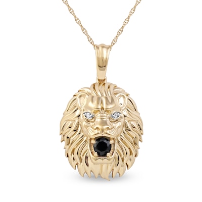 Men's Black Spinel and Diamond Accent Lion's Head Pendant in 10K Gold - 22"