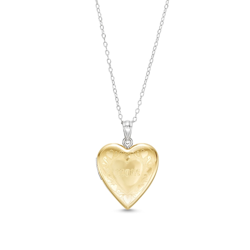 Filigree with "mom" 20.0mm Heart-Shaped Locket in Sterling Silver and 10K Gold