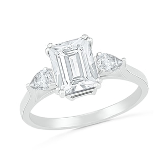 Emerald-Cut and Pear-Shaped White Lab-Created Sapphire Three Stone Ring in Sterling Silver