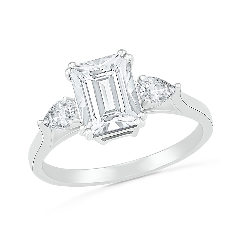 Emerald-Cut and Pear-Shaped White Lab-Created Sapphire Three Stone Ring in Sterling Silver|Peoples Jewellers