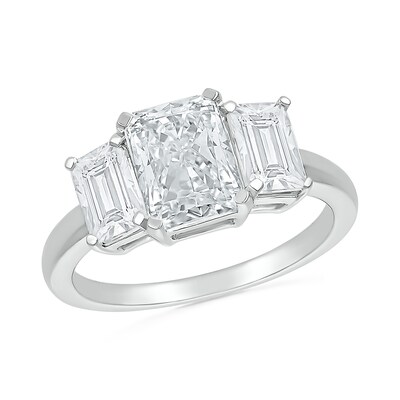 Emerald-Cut White Lab-Created Sapphire Three Stone Ring in Sterling Silver