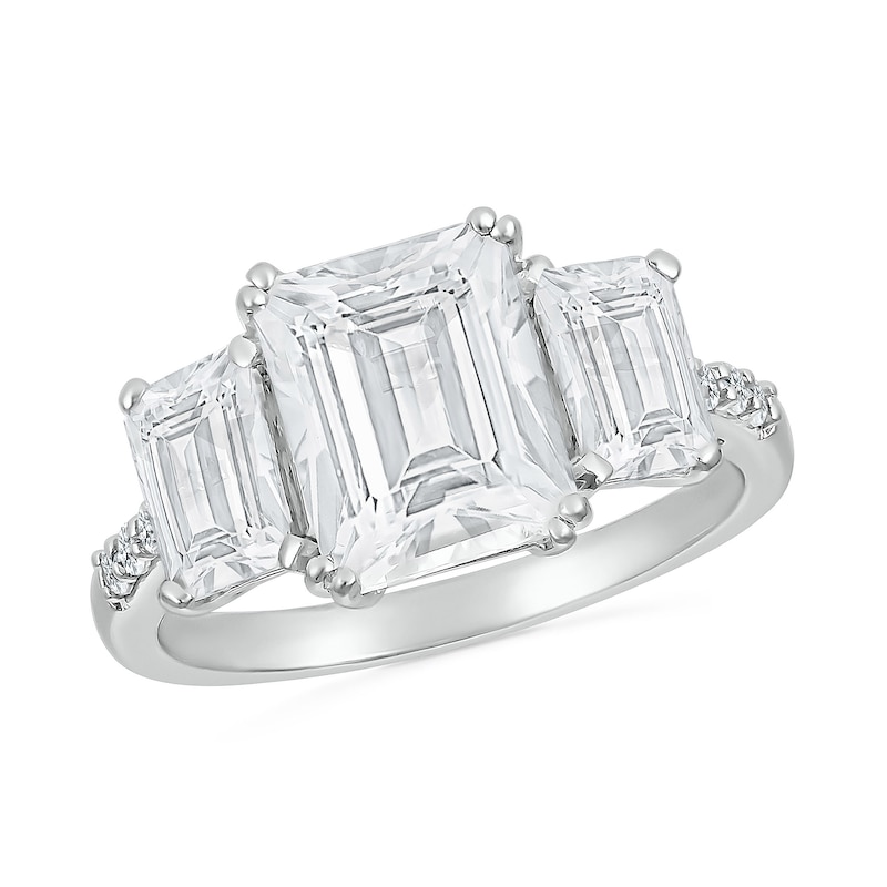 Emerald-Cut White Lab-Created Sapphire Lined Three Stone Ring in Sterling Silver|Peoples Jewellers