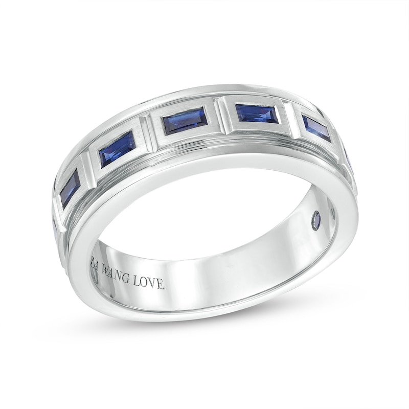Vera Wang Love Collection Men’s Sideways Baguette-Cut Blue Sapphire Band in 14K White Gold|Peoples Jewellers