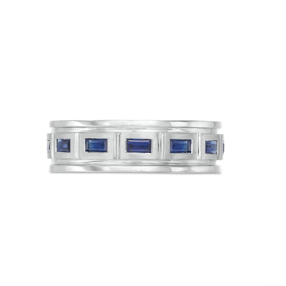 Vera Wang Love Collection Men’s Sideways Baguette-Cut Blue Sapphire Band in 14K White Gold