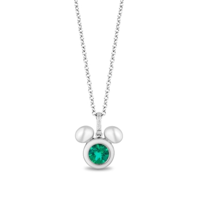 Disney Treasures Mickey Mouse 5.0mm Faceted Lab-Created Emerald and Diamond Accent Puffed Pendant in Sterling Silver