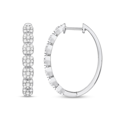 0.95 CT. T.W. Cushion Multi-Diamond Seven Stone Oval Hoop Earrings in 10K White Gold