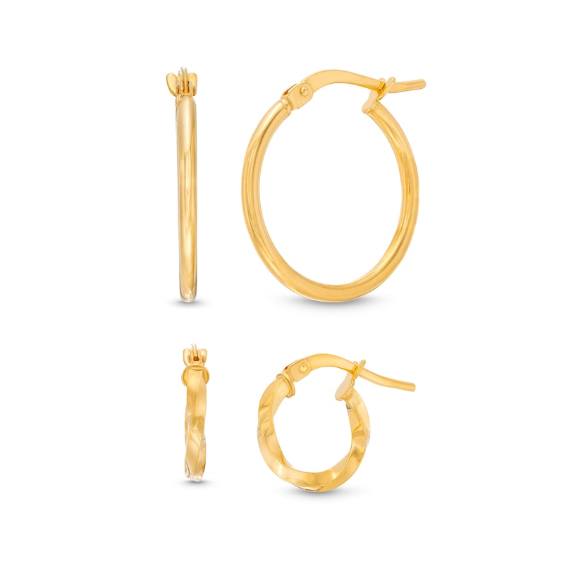 12.0mm Twist Hoop Earrings and 17.8mm Tube Hoop Earrings Set in Hollow 10K Gold|Peoples Jewellers