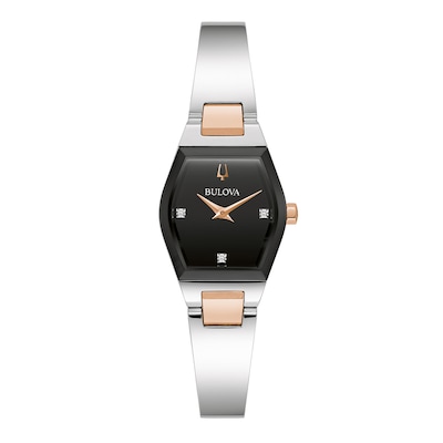 Ladies' Bulova Gemini Collection Diamond Accent Two-Tone Watch with Tonneau Black Dial (Model: 98P216)