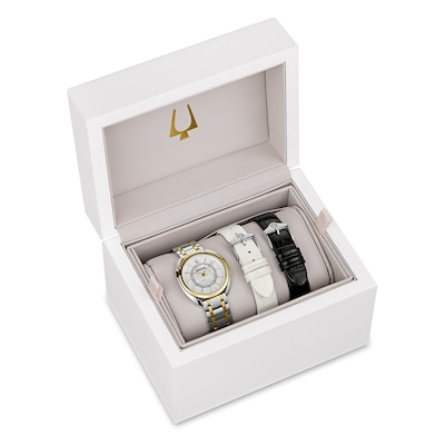 Ladies' Bulova Duality 0.10 CT. T.W. Diamond Interchangeable Strap Two-Tone Watch with White Denshu Dial (Model: 98X134)