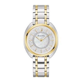 Ladies' Bulova Duality 0.10 CT. T.W. Diamond Interchangeable Strap Two-Tone Watch with White Denshu Dial (Model: 98X134)