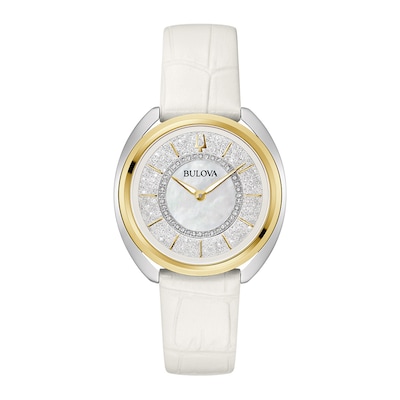 Ladies' Bulova Duality 0.10 CT. T.W. Diamond Interchangeable Strap Two-Tone Watch with White Denshu Dial (Model: 98X134)