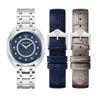 Ladies' Bulova Duality 0.13 CT. T.W. Diamond Interchangeable Strap Watch with Blue Denshu Dial (Model: 96X160)