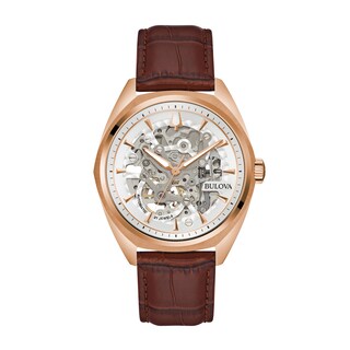 Men's Bulova Surveyor Rose-Tone Brown Leather Strap Watch with White Skeleton Dial (Model: 97A175)