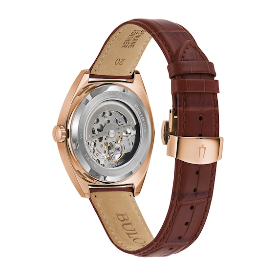 Men's Bulova Surveyor Rose-Tone Brown Leather Strap Watch with White Skeleton Dial (Model: 97A175)