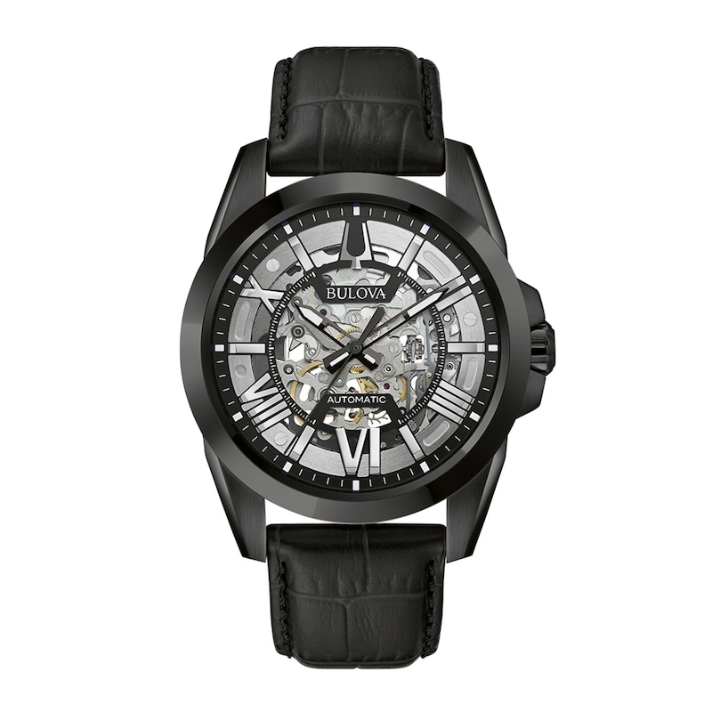Men's Bulova Automatic Collection Black IP Leather Strap Watch with Black and Silver Skeleton Dial (Model: 98A304)|Peoples Jewellers