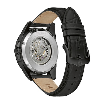 Men's Bulova Automatic Collection Black IP Leather Strap Watch with Black and Silver Skeleton Dial (Model: 98A304)