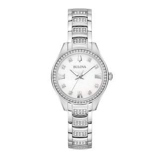 Ladies' Bulova Crystal Accent Silver-Tone Watch with Mother-of-Pearl Dial (Model: 96L311)