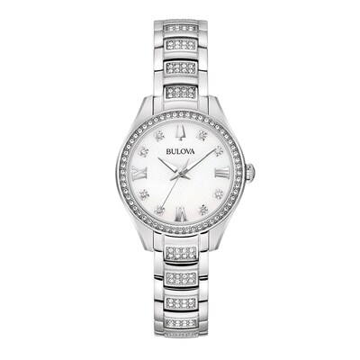 Ladies' Bulova Crystal Accent Silver-Tone Watch with Mother-of-Pearl Dial (Model: 96L311)