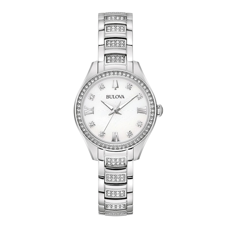 Ladies' Bulova Crystal Accent Silver-Tone Watch with Mother-of-Pearl Dial (Model: 96L311)