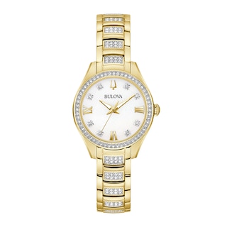 Ladies' Bulova Crystal Accent Gold-Tone Watch with Mother-of-Pearl Dial (Model: 98L306)