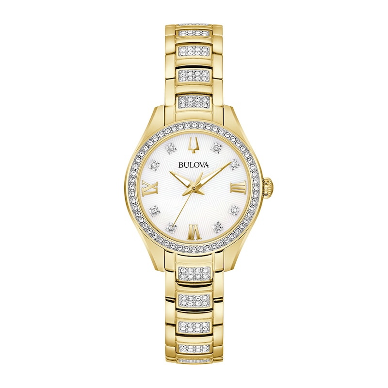 Ladies' Bulova Crystal Accent Gold-Tone Watch with Mother-of-Pearl Dial (Model: 98L306)