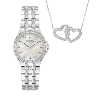 Ladies' Bulova Crystal Accent Watch with Mother-of-Pearl Dial and Heart Necklace Set (Model: 96X161)