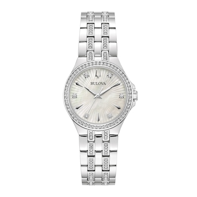 Ladies' Bulova Crystal Accent Watch with Mother-of-Pearl Dial and Heart Necklace Set (Model: 96X161)