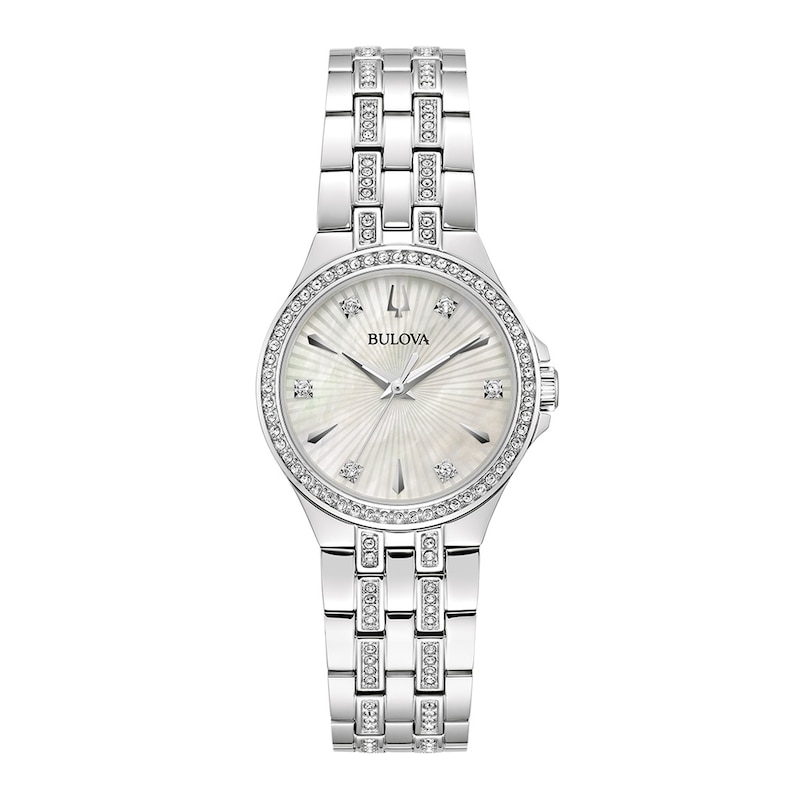 Ladies' Bulova Crystal Accent Watch with Mother-of-Pearl Dial and Heart Necklace Set (Model: 96X161)