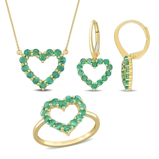 Emerald Heart Necklace, Ring and Drop Earrings Set in 10K Gold