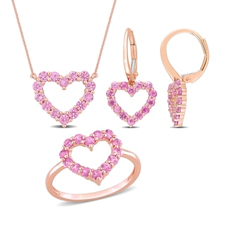 Pink Sapphire Heart Necklace, Ring and Drop Earrings Set in 10K Rose Gold