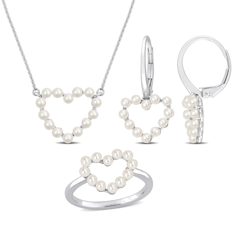 2.0-2.5mm Freshwater Cultured Pearl Heart Necklace, Ring and Drop Earrings Set in 14K White Gold|Peoples Jewellers
