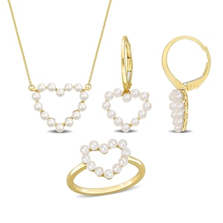 Freshwater Cultured Pearl Outline Heart Necklace, Ring and Drop Earrings Set in 14K Gold