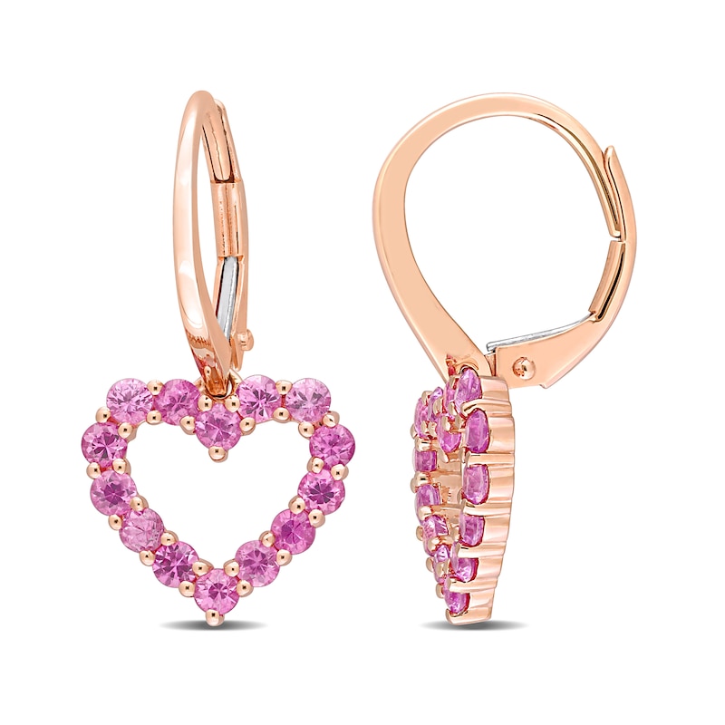 Pink Sapphire Outline Heart Drop Earrings in 10K Rose Gold