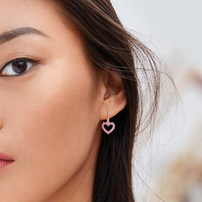 Pink Sapphire Outline Heart Drop Earrings in 10K Rose Gold