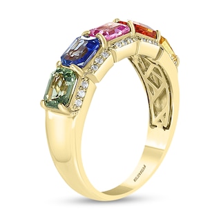 EFFY™ Collection Sideways Emerald-Cut Multi-Colour Sapphire and 0.145 CT. T.W. Diamond Five Stone Ring in 14K Gold